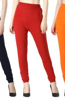 Women Solid Churidar Leggings (Navy Red Orange)