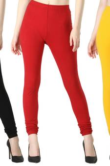 Women Solid Casual Churidar Leggings (Black Red Yellow)