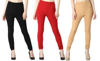 Women Solid Casual Churidar Leggings (Black Red Cream) 1