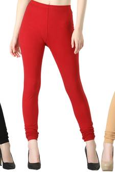 Women Solid Casual Churidar Leggings (Black Red Cream)