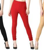 Women Solid Casual Churidar Leggings (Black Red Cream)