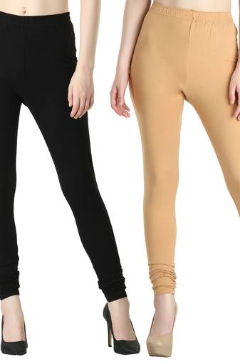 Women Solid Casual Churidar Leggings (Black Cream)