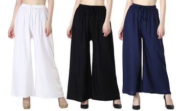 Women Solid Relaxed Fit Palazzo with Elastic Drawstring (Black White Navy) 1