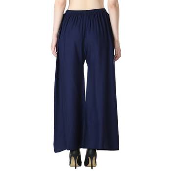 Women Solid Relaxed Fit Palazzo with Elastic Drawstring (Black White Navy) 4