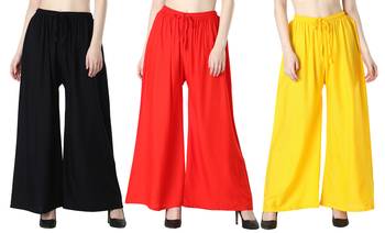 Women Solid Relaxed Fit Palazzo with Elastic Drawstring (Black Red Yellow) 1