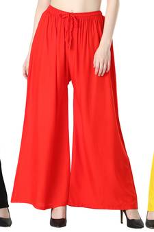 Women Solid Relaxed Fit Palazzo with Elastic Drawstring (Black Red Yellow)