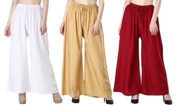 Women Solid Relaxed Fit Palazzo with Elastic Drawstring (White Gold Maroon) 1