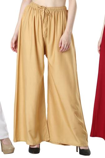 Women Solid Relaxed Fit Palazzo with Elastic Drawstring (White Gold Maroon)