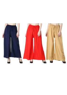 Women Solid Relaxed Fit Palazzo with Elastic Drawstring (Navy Red Gold) 1