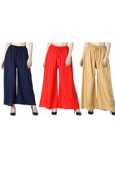 Women Solid Relaxed Fit Palazzo with Elastic Drawstring (Navy Red Gold)