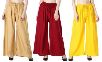 Women Solid Relaxed Fit Palazzo with Elastic Drawstring (Gold Maroon Yellow) 1