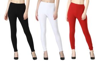 Women Solid Elastic Waist Ankle Length Legging (Black White Maroon) 1