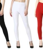 Women Solid Elastic Waist Ankle Length Legging (Black White Maroon)