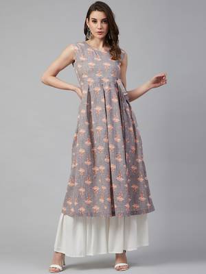 Grey printed cotton ethnic-kurtis
 1