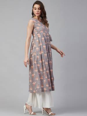 Grey printed cotton ethnic-kurtis
 5