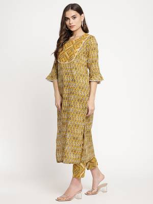 Mustard printed cotton ethnic-kurtis 2