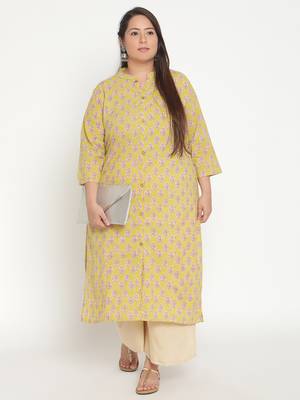 Yellow printed cotton ethnic-kurtis
 1