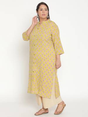 Yellow printed cotton ethnic-kurtis
 2