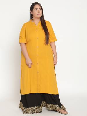 Yellow plain cotton ethnic-kurtis
 1