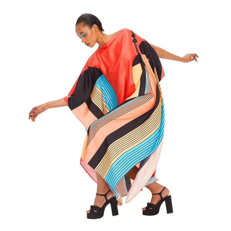 JSDC Casual Wear Women Digital Printed Geometric Pattern Satin Silk Kaftan 