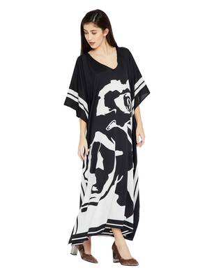 JSDC Outdoor Wear V-Neck Style Printed Rose Pattern Women Silk Crepe Kaftan 1