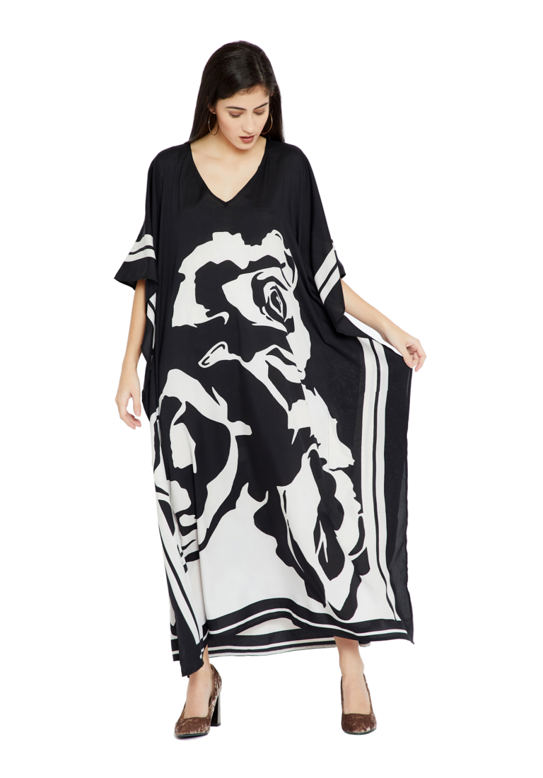 JSDC Outdoor Wear V-Neck Style Printed Rose Pattern Women Silk Crepe Kaftan