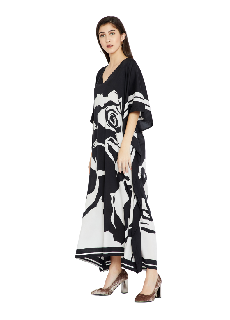 JSDC Outdoor Wear V-Neck Style Printed Rose Pattern Women Silk Crepe Kaftan