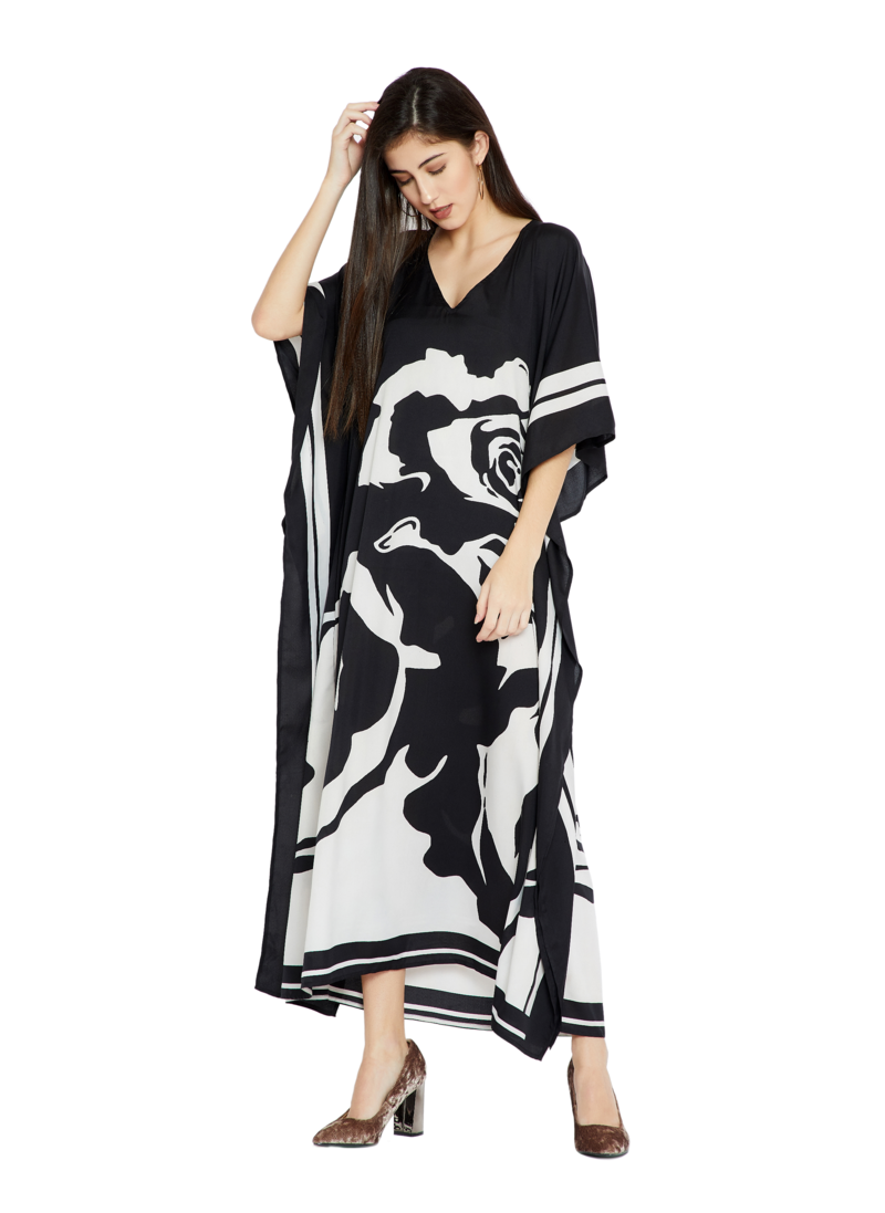 JSDC Outdoor Wear V-Neck Style Printed Rose Pattern Women Silk Crepe Kaftan
