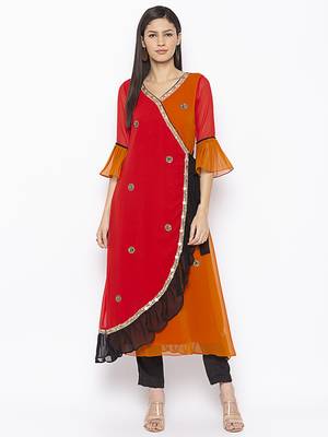 Red
 embroidered georgette kurta &-sets 1