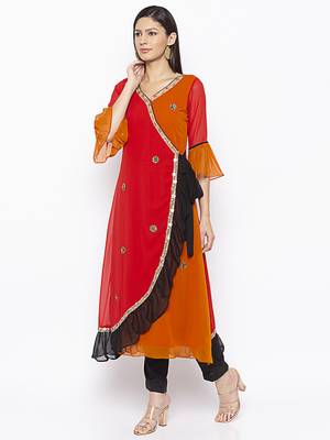 Red
 embroidered georgette kurta &-sets 2
