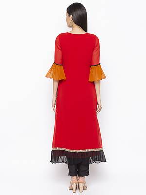 Red
 embroidered georgette kurta &-sets 4