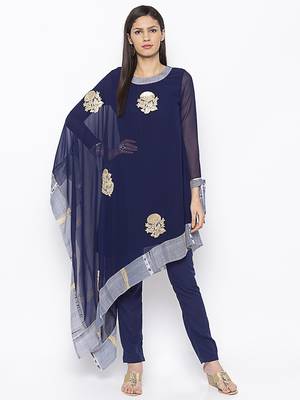 Navy-blue
 embroidered georgette kurta &-sets 1