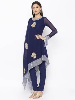 Navy-blue
 embroidered georgette kurta &-sets 3