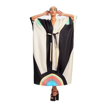 JSDC V-Neck Belt Style Women Soft Satin Silk Printed Kaftan Kurta 1