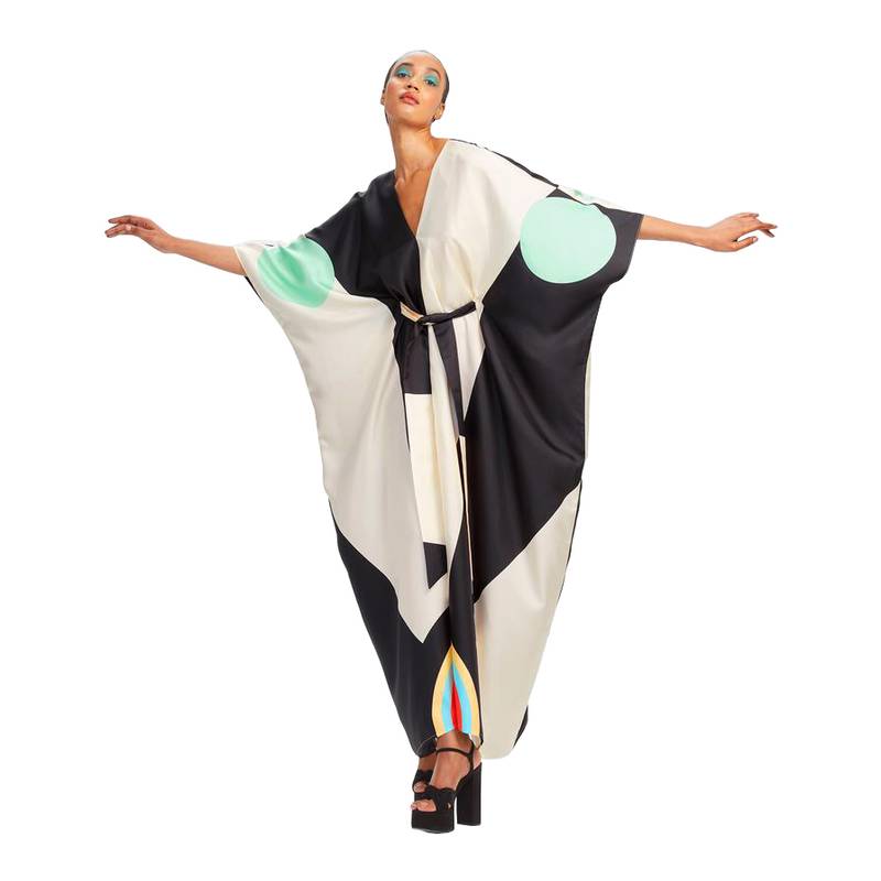 JSDC V-Neck Belt Style Women Soft Satin Silk Printed Kaftan Kurta