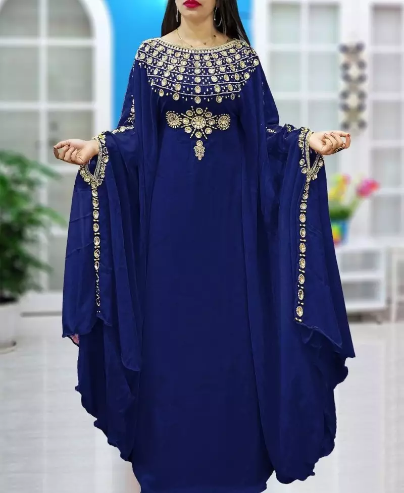 Sale !! Royal Moroccan Dubai Beaded Crystal Abaya Navy Blue Kaftan Arabian Party Dresses