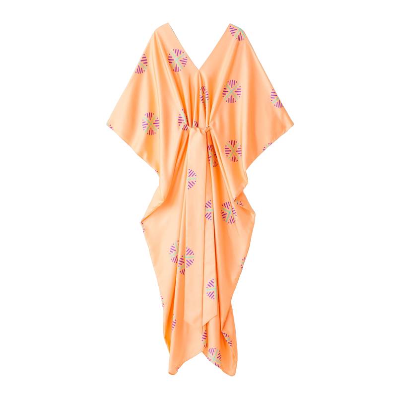 JSDC Lounge Wear Peach Color V-Neck Belt Style Women Satin Silk Printed Kaftan Kurta 