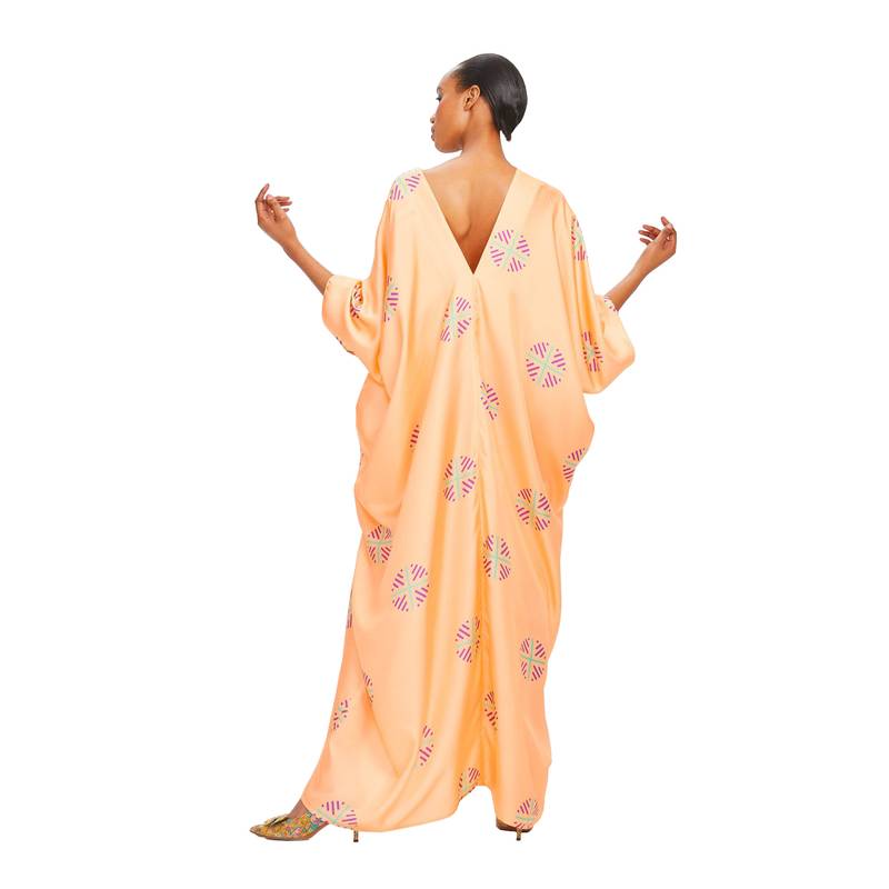 JSDC Lounge Wear Peach Color V-Neck Belt Style Women Satin Silk Printed Kaftan Kurta 