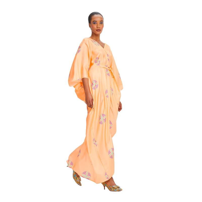 JSDC Lounge Wear Peach Color V-Neck Belt Style Women Satin Silk Printed Kaftan Kurta 