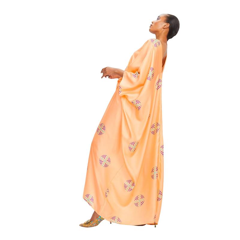 JSDC Lounge Wear Peach Color V-Neck Belt Style Women Satin Silk Printed Kaftan Kurta 