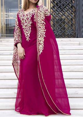 Grand Magenta Kaftan Gown with Handcrafted Gold Aari Work | Luxury Event Wear 2