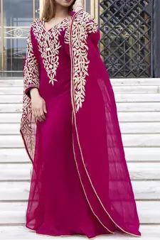 Grand Magenta Kaftan Gown with Handcrafted Gold Aari Work | Luxury Event Wear
