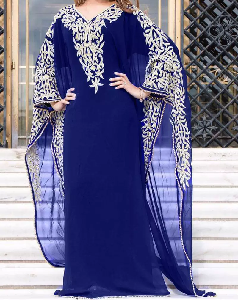 Navy Blue Moroccan Dubai Kaftan Abaya Evening Royal Islamic Abaya Caftan Aari Stone Work Dresses