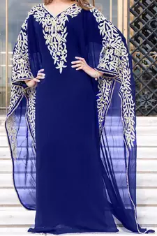 Navy Blue Moroccan Dubai Kaftan Abaya Evening Royal Islamic Abaya Caftan Aari Stone Work Dresses