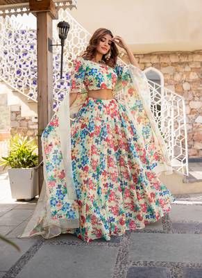 Cream Semi Stitched Lehenga Choli Chanderi Stitched Ceremonial Ethnic Lehengas 1