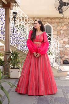 Pink Semi Stitched Lehenga Choli Chanderi Stitched Ceremonial Ethnic Lehengas