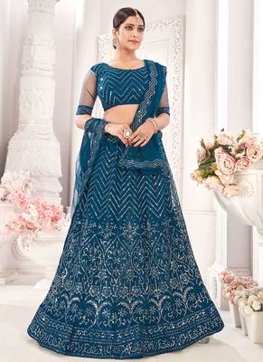 Teal Blue Semi Stitched Lehenga Choli Net Stitched Ceremonial Net Lehengas 1