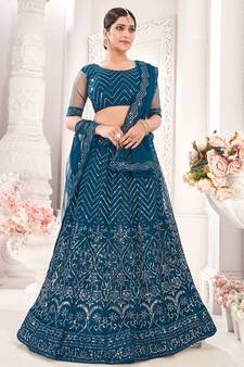 Teal Blue Semi Stitched Lehenga Choli Net Stitched Ceremonial Net Lehengas