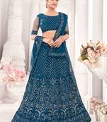 Teal Blue Semi Stitched Lehenga Choli Net Stitched Ceremonial Net Lehengas