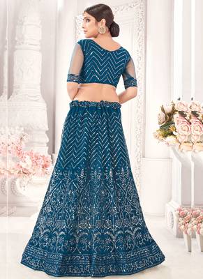 Teal Blue Semi Stitched Lehenga Choli Net Stitched Ceremonial Net Lehengas 2